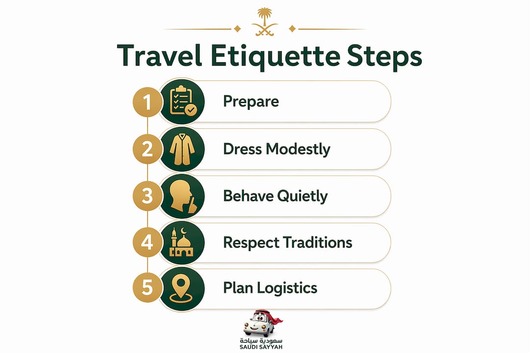 Infographic showing five key steps of religious travel etiquette.