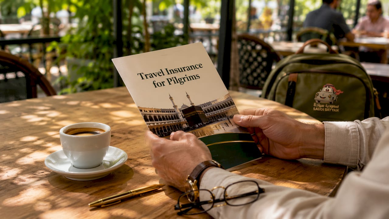 Hands holding pilgrim travel insurance pamphlet