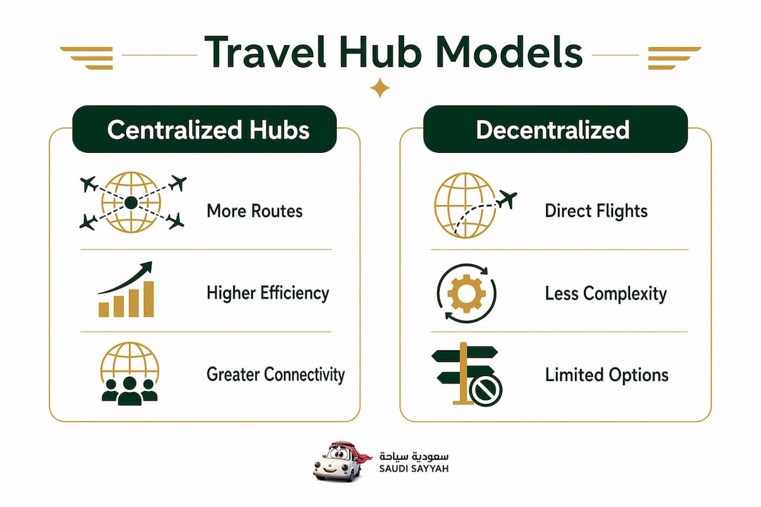 Infographic comparing centralized and decentralized travel models