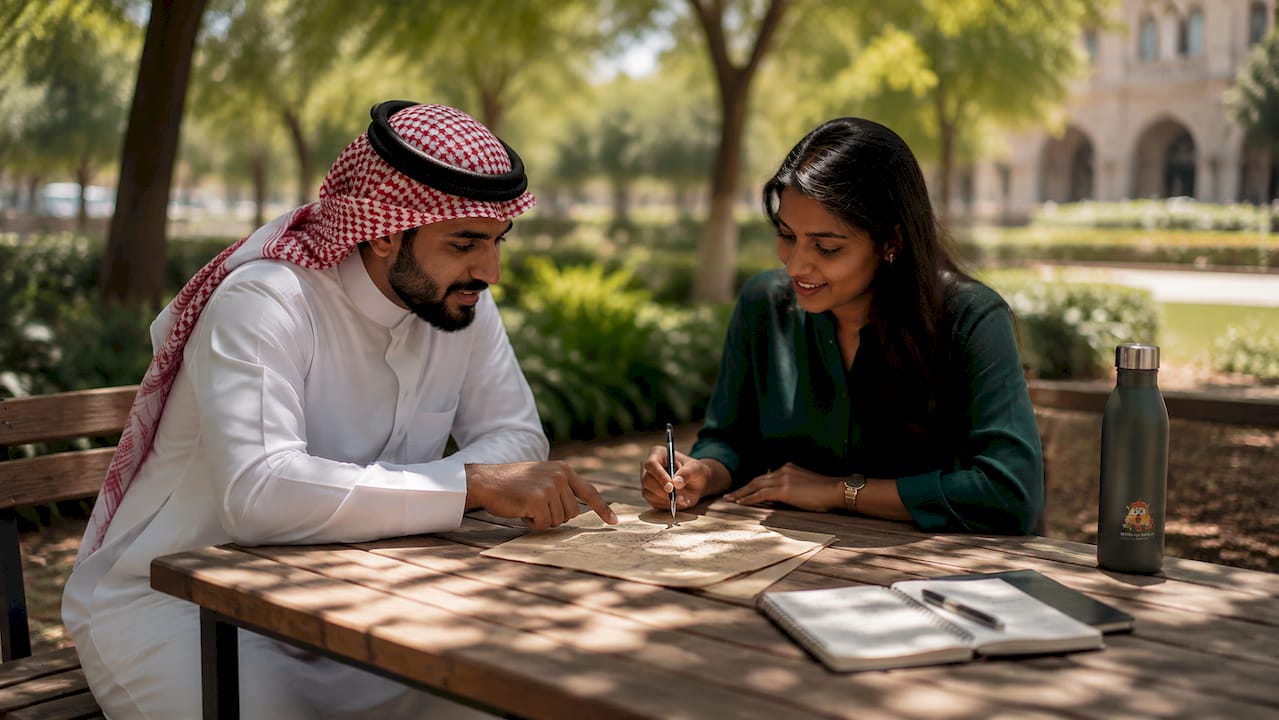 Two hands discussing pilgrim travel itinerary at café table