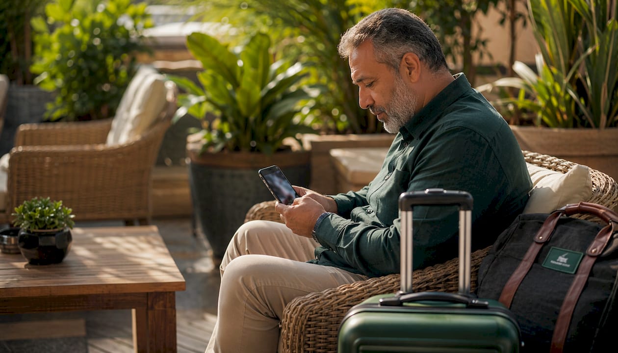 Man viewing mobile boarding pass at airport gate