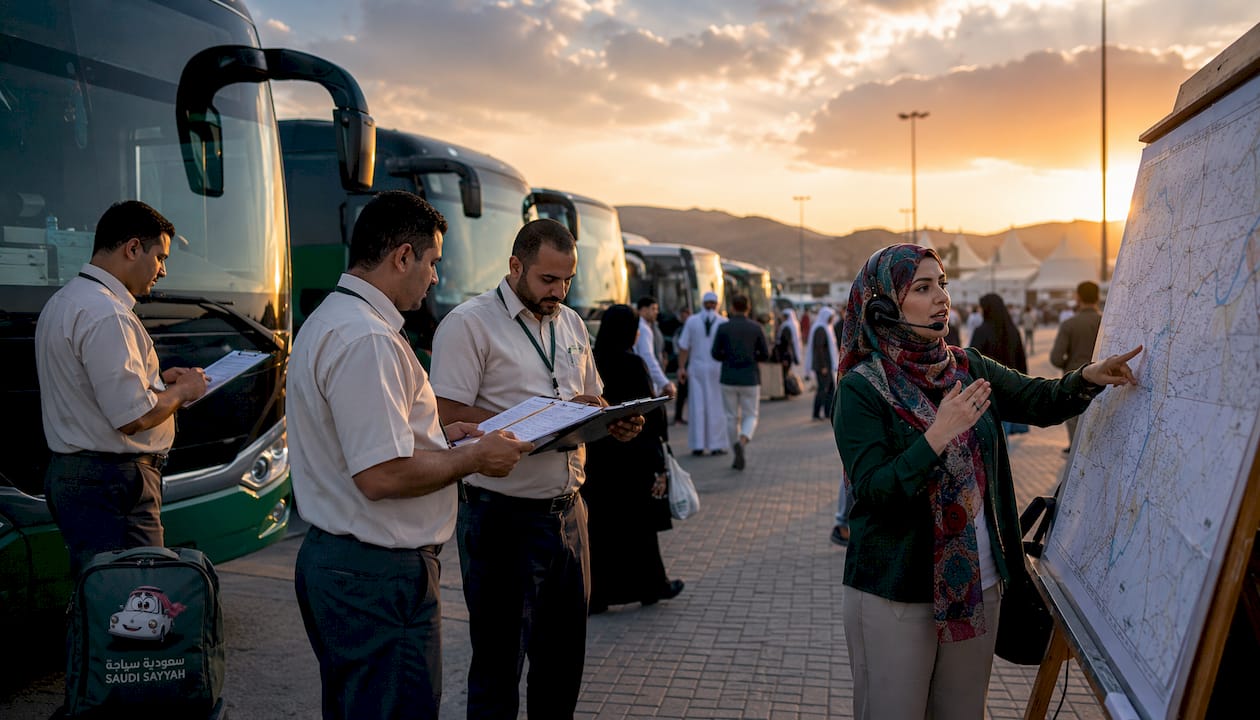 Pilgrimage transport coordinator managing schedules outdoors