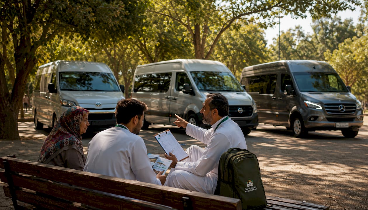 Group selecting appropriate pilgrimage van outdoors