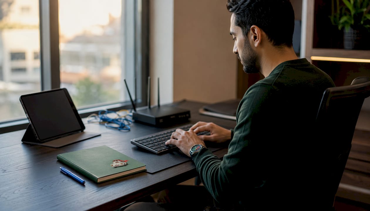 Technician hands typing on keyboard with tech devices overhead