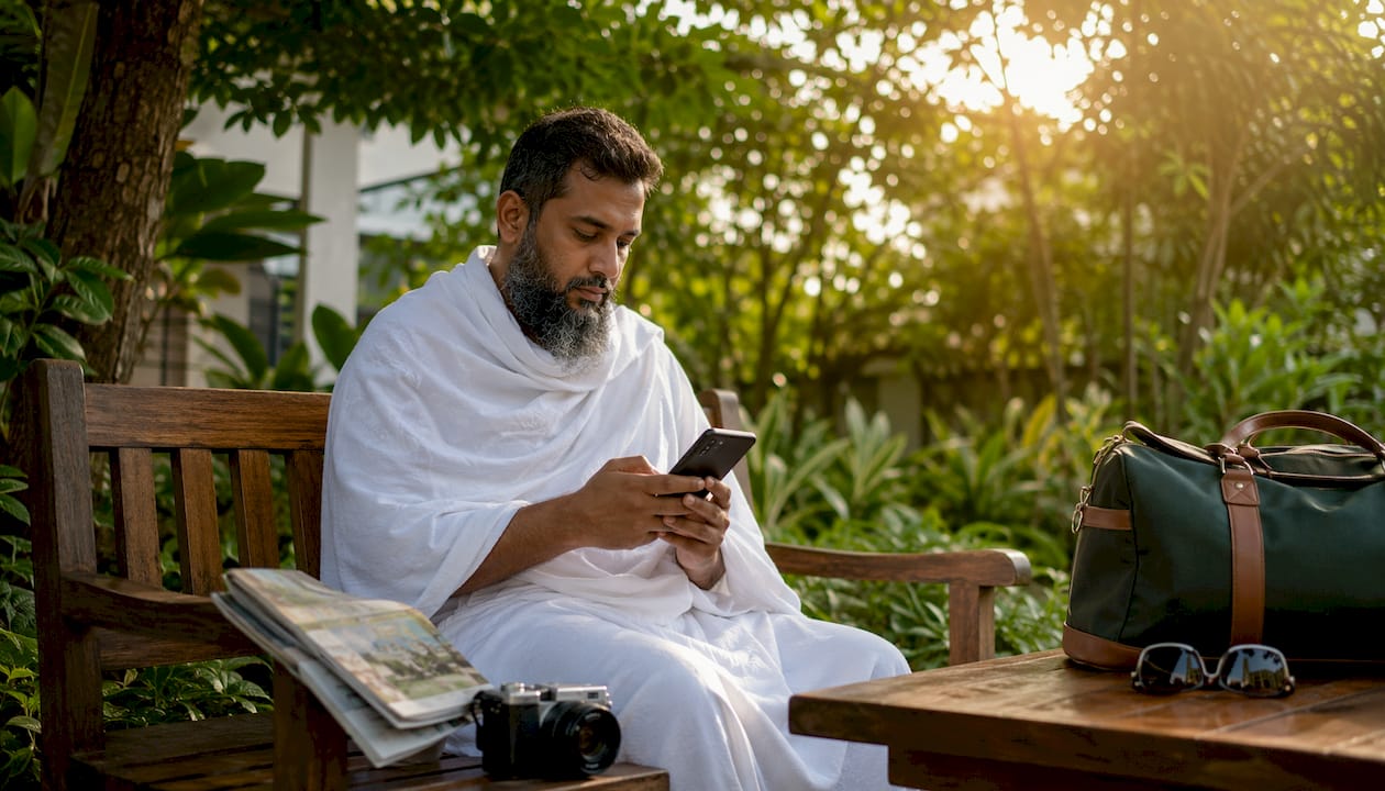 Pilgrim checking travel assistant messages