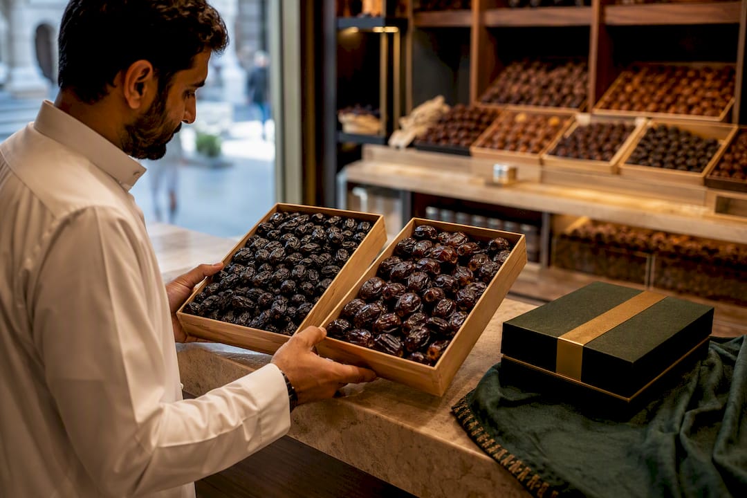 Shopper comparing Ajwa dates near mosque