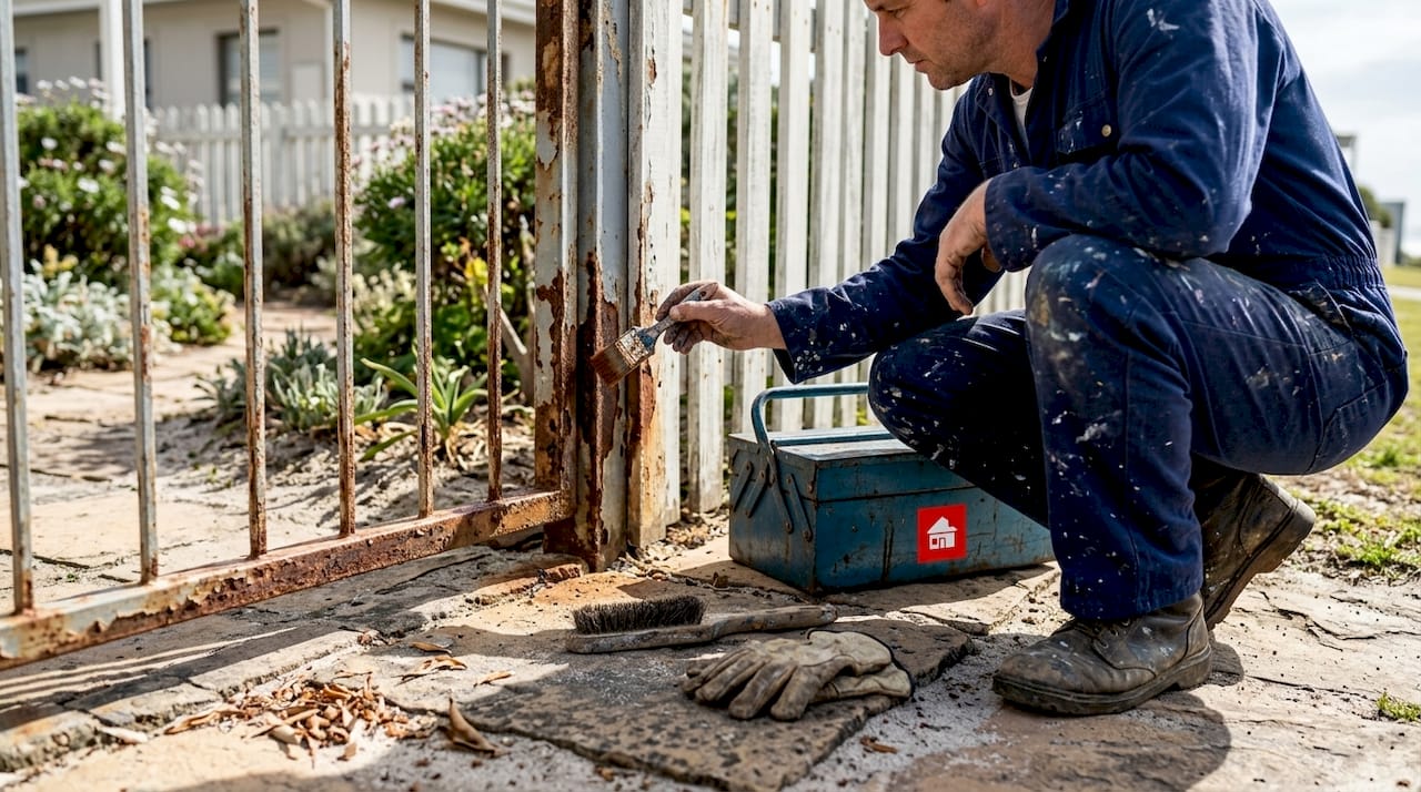 Painter applies rust converter to metal gate