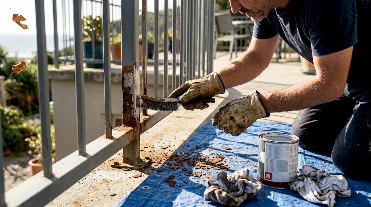 Rust removal on steel railing before painting