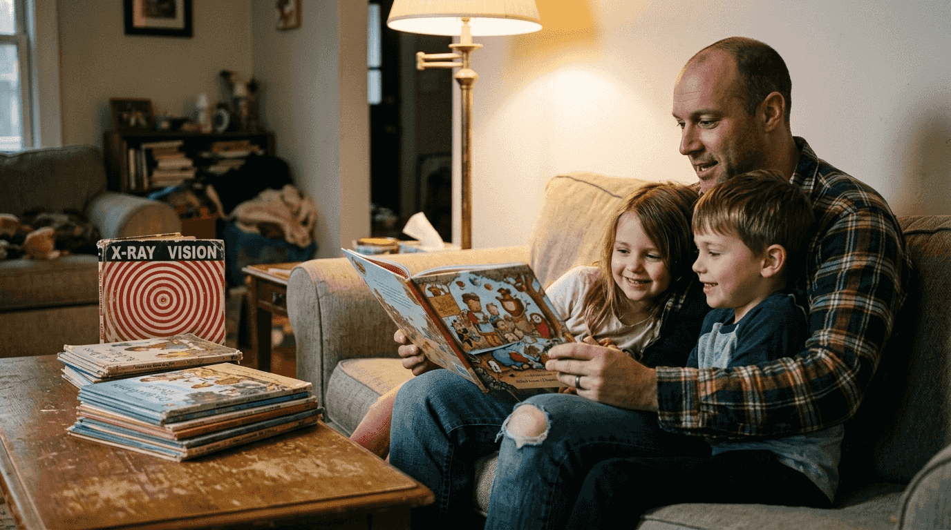 Family reading fiction picture book together