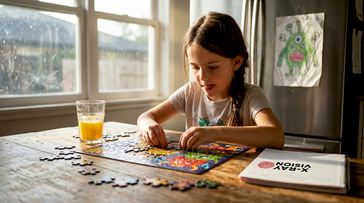 Girl assembling monster puzzle in kitchen