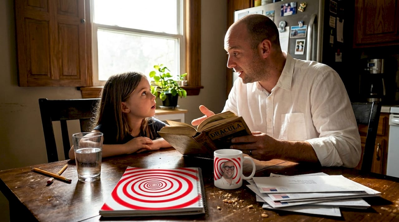 Parent and child discussing spooky story