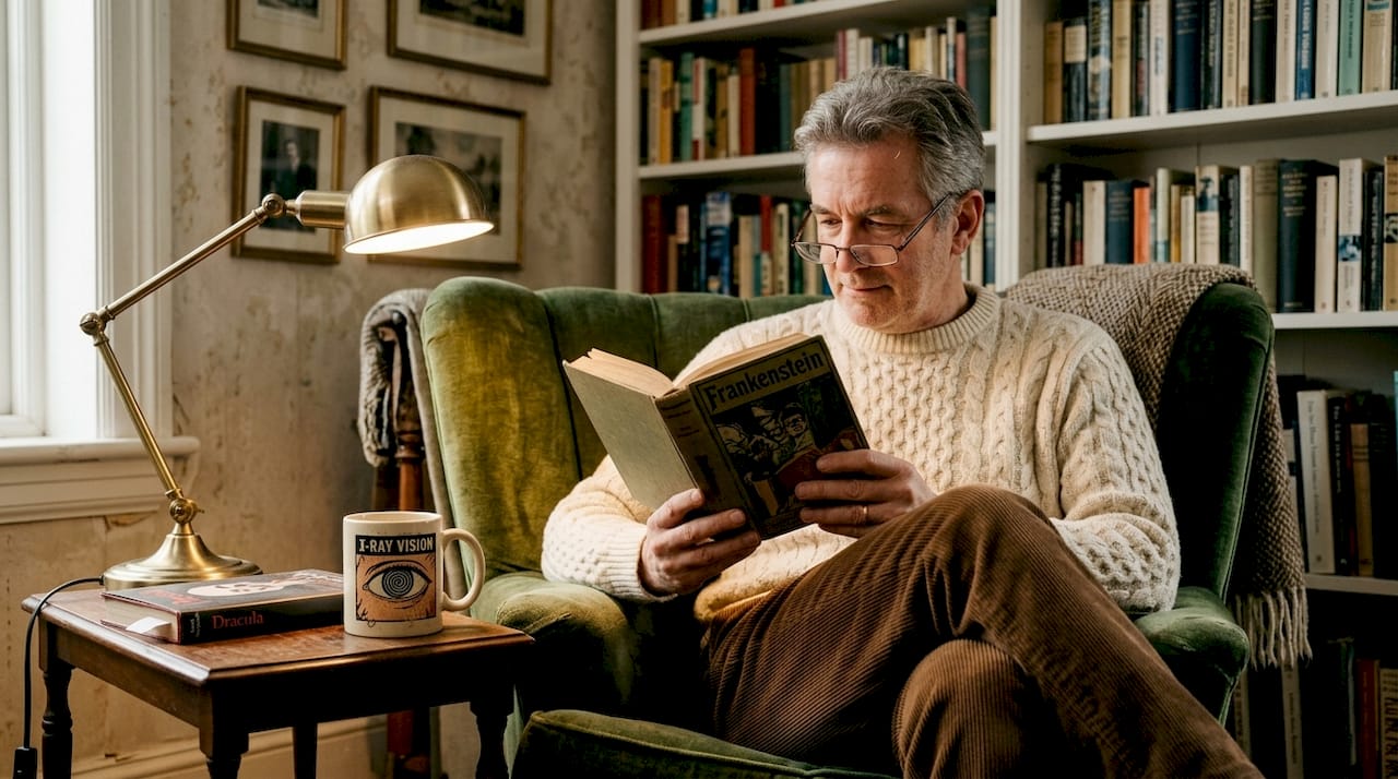 Man reading Frankenstein in cozy living room