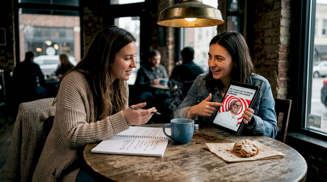 Friends chatting about horror subgenres in café