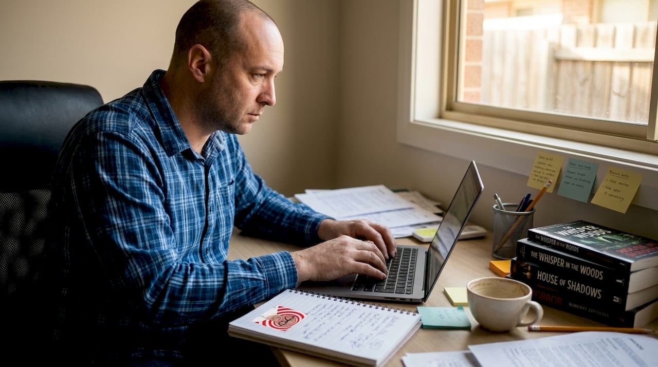 Writer preparing horror story workspace
