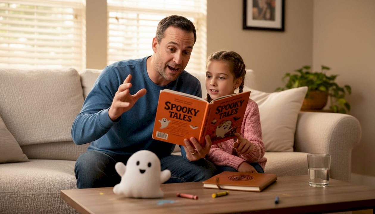 Parent reading spooky story to child on sofa