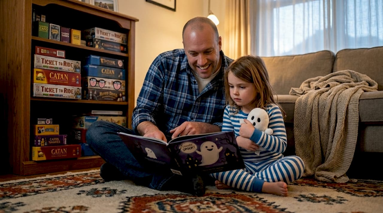 Parent and child reading spooky story together