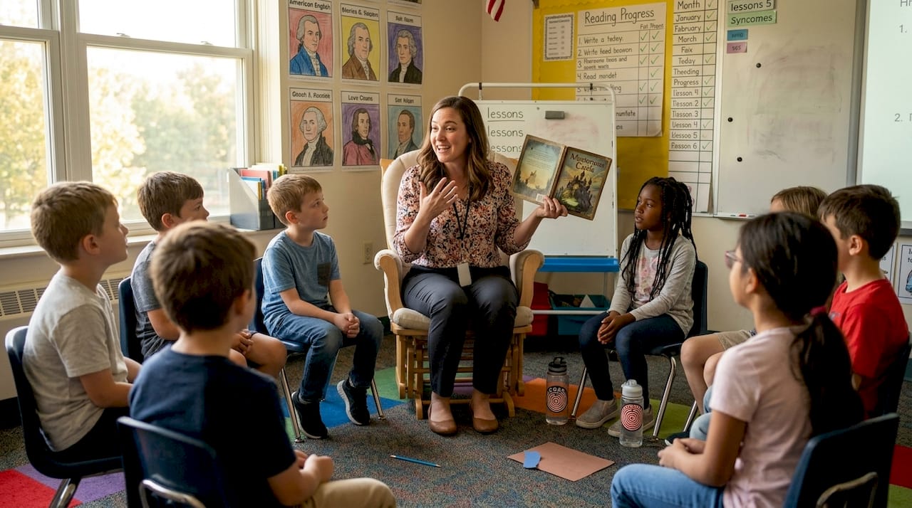 Teacher reading to students in classroom circle