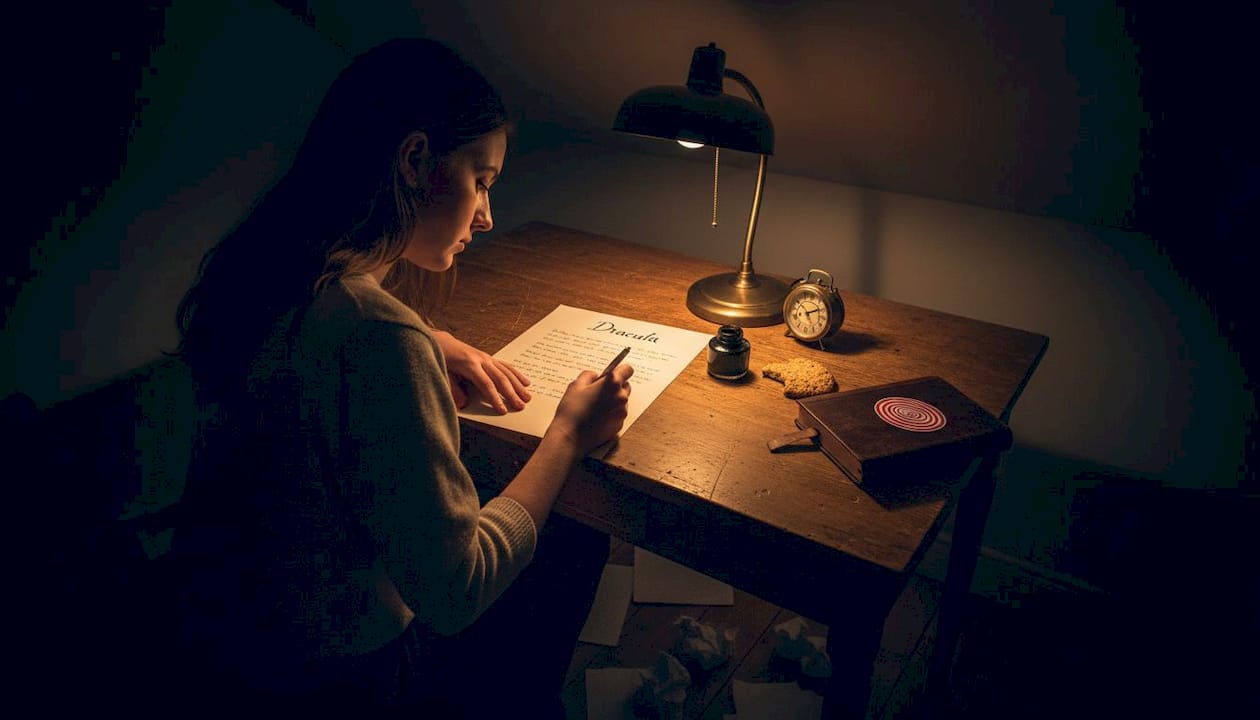 Woman writing manuscript at attic desk