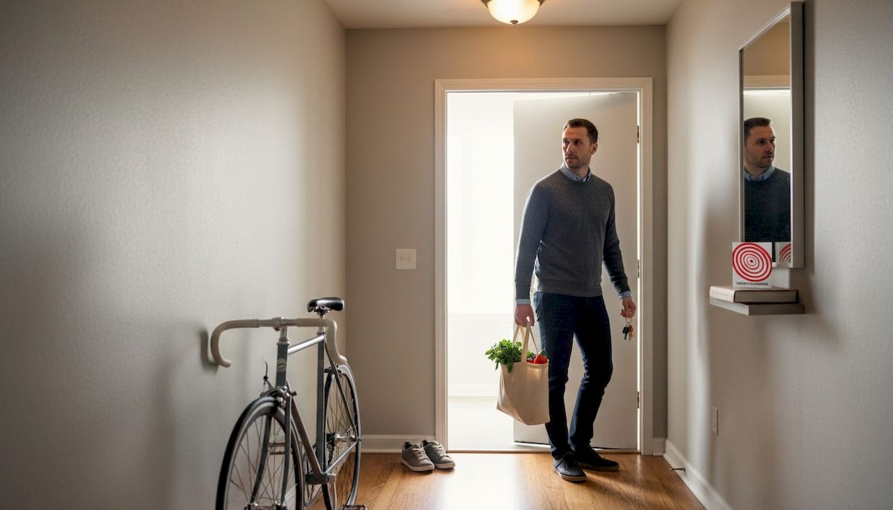Man enters hallway with subtle eerie atmosphere