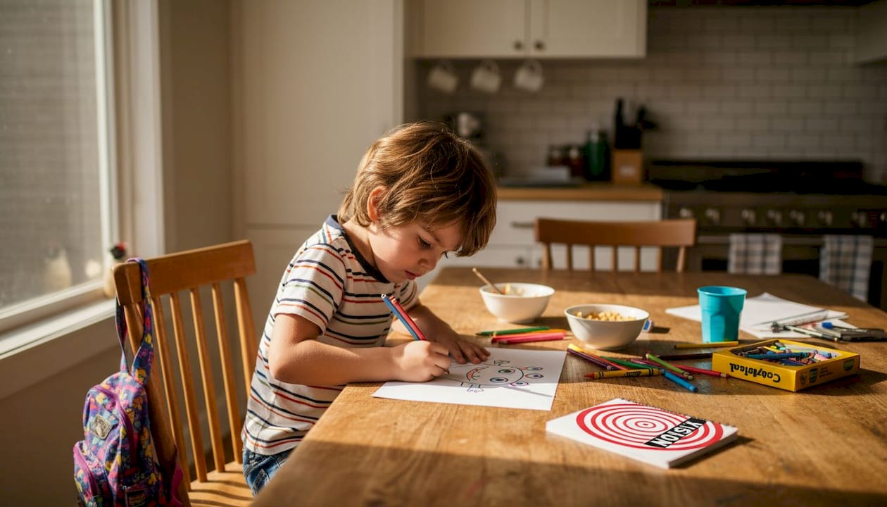Child drawing monster at bright kitchen table