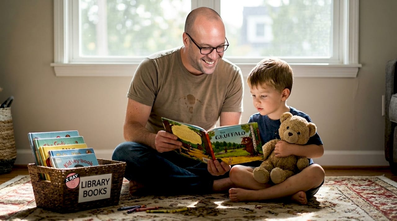Father and son reading picture book together