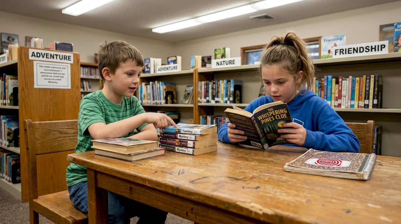 Children exploring chapter book genres library