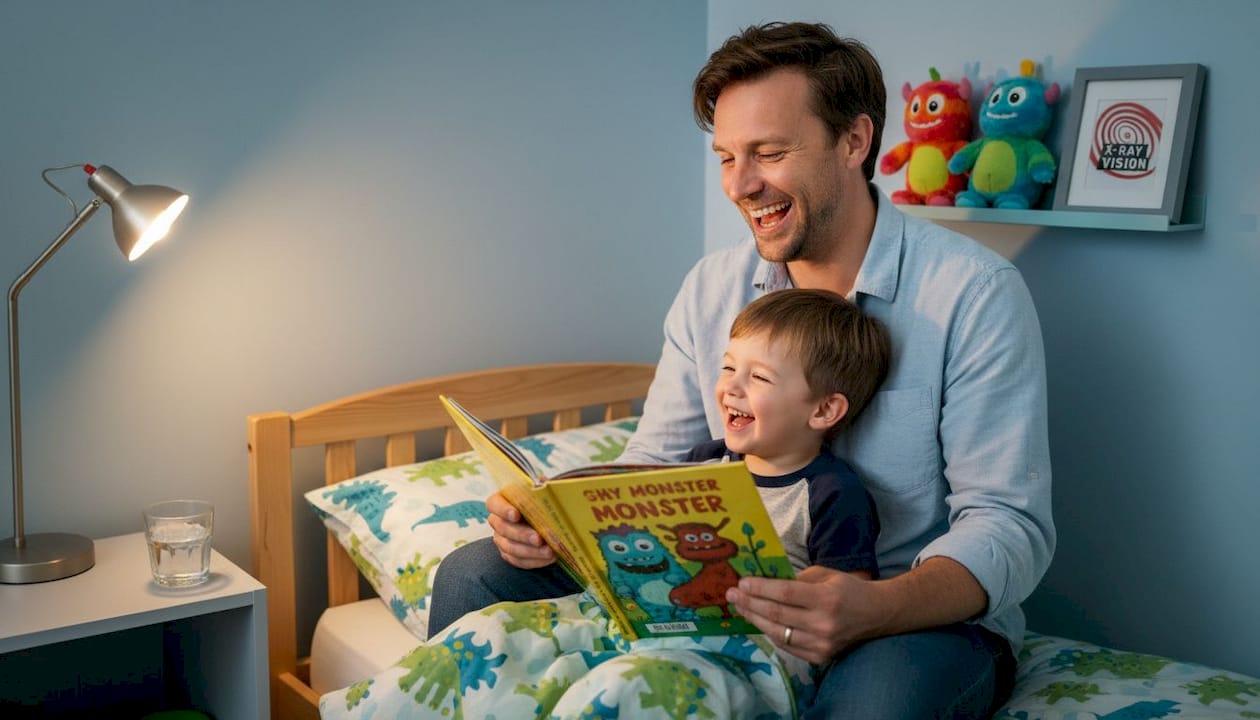 Parent reads monster story to child at bedtime
