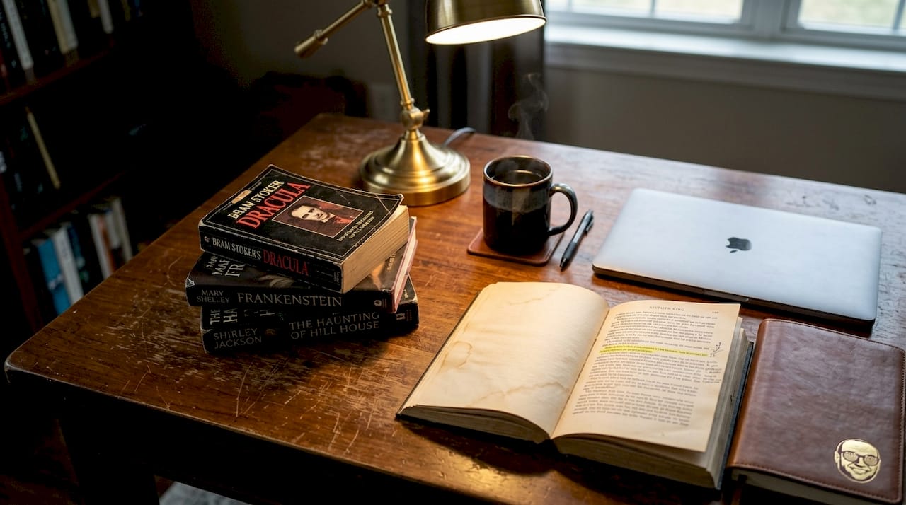 Classic horror books on table in study