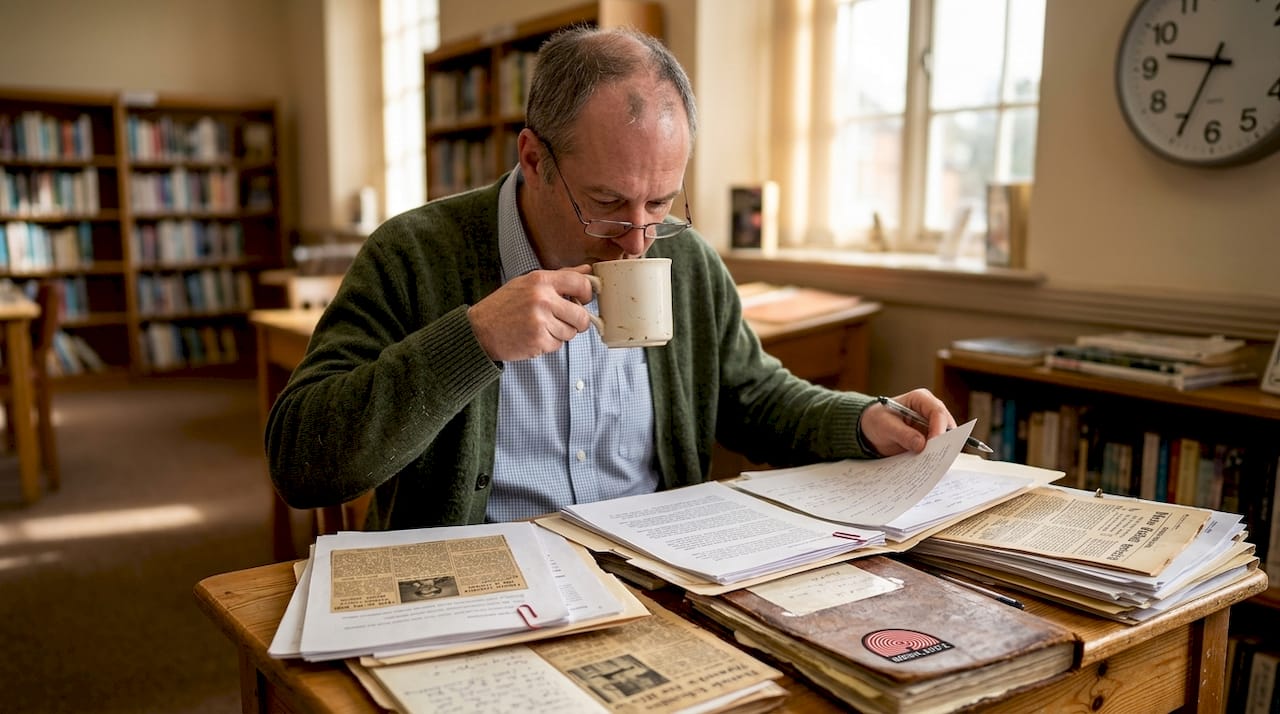 Man studying folklore research materials in library