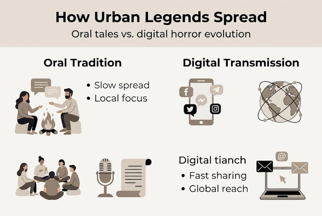 Infographic comparing oral and digital urban legend spread