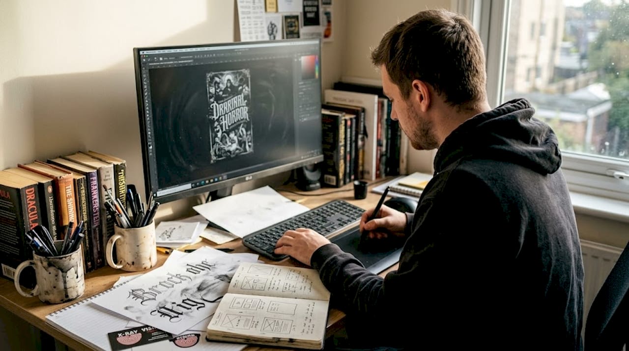 Designer working on horror book branding