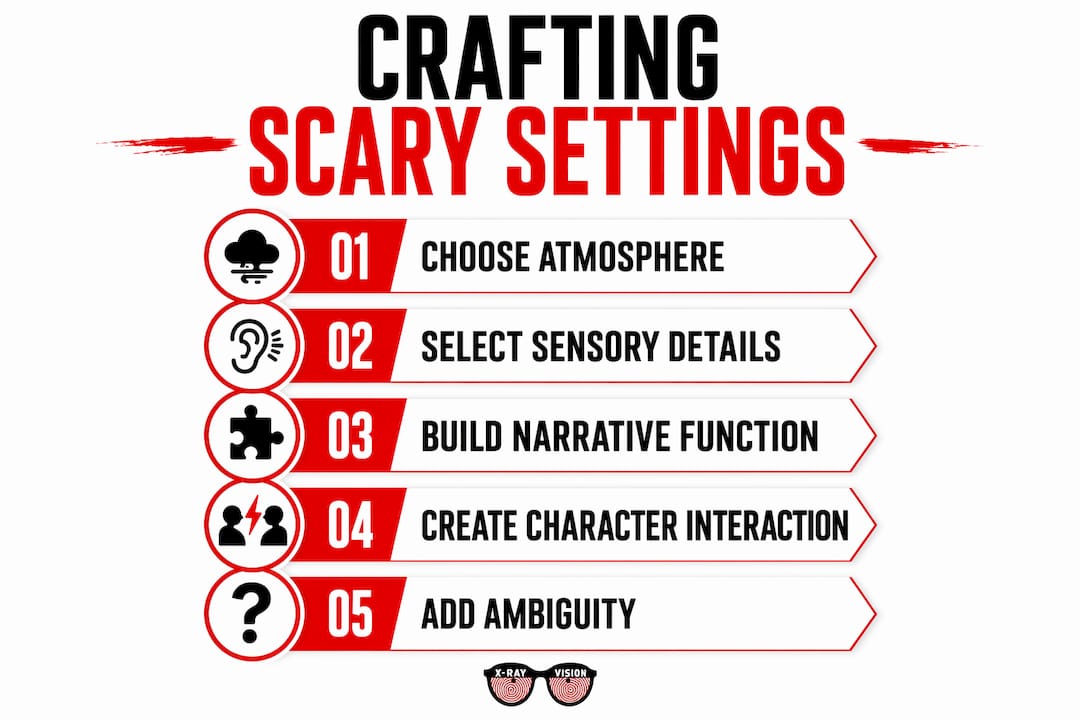Infographic illustrating steps to craft scary horror settings