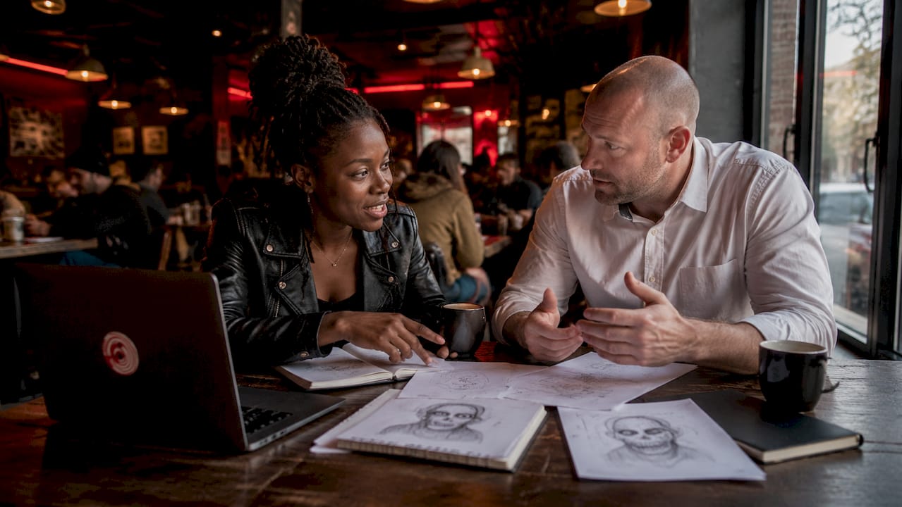 Authors discussing horror protagonists over coffee