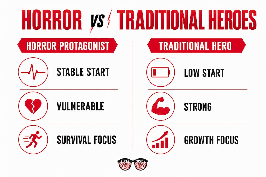 Infographic comparing horror protagonists and traditional heroes characteristics