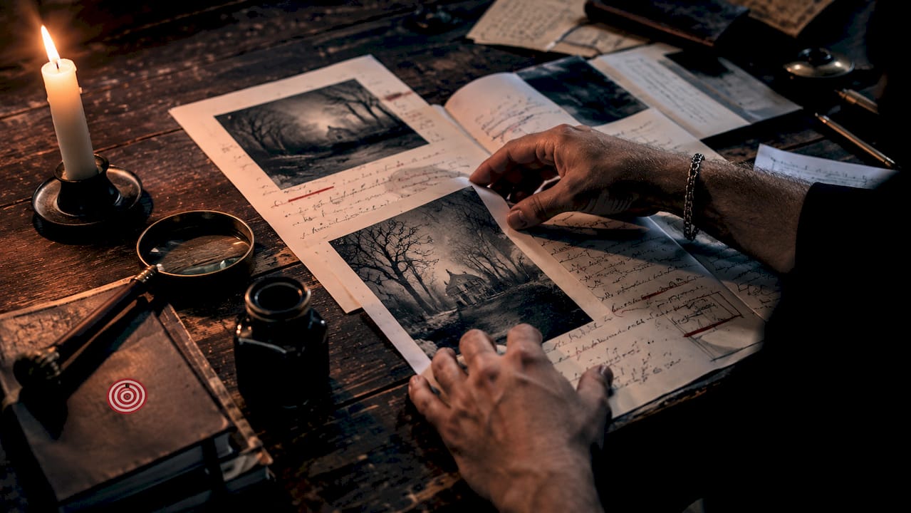 Hands organizing horror story draft pages