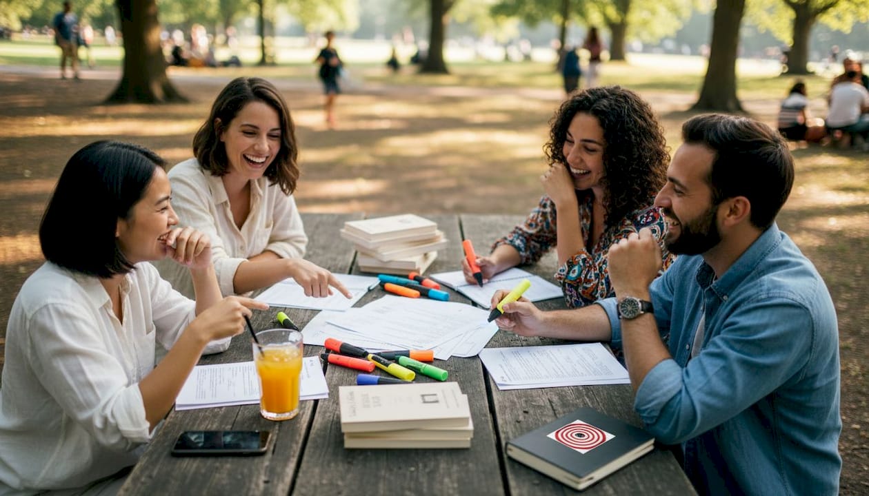 Diverse ARC team discussing book reviews outdoors