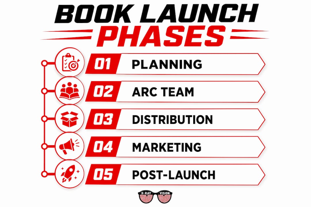 Infographic illustrating five phases of book launch
