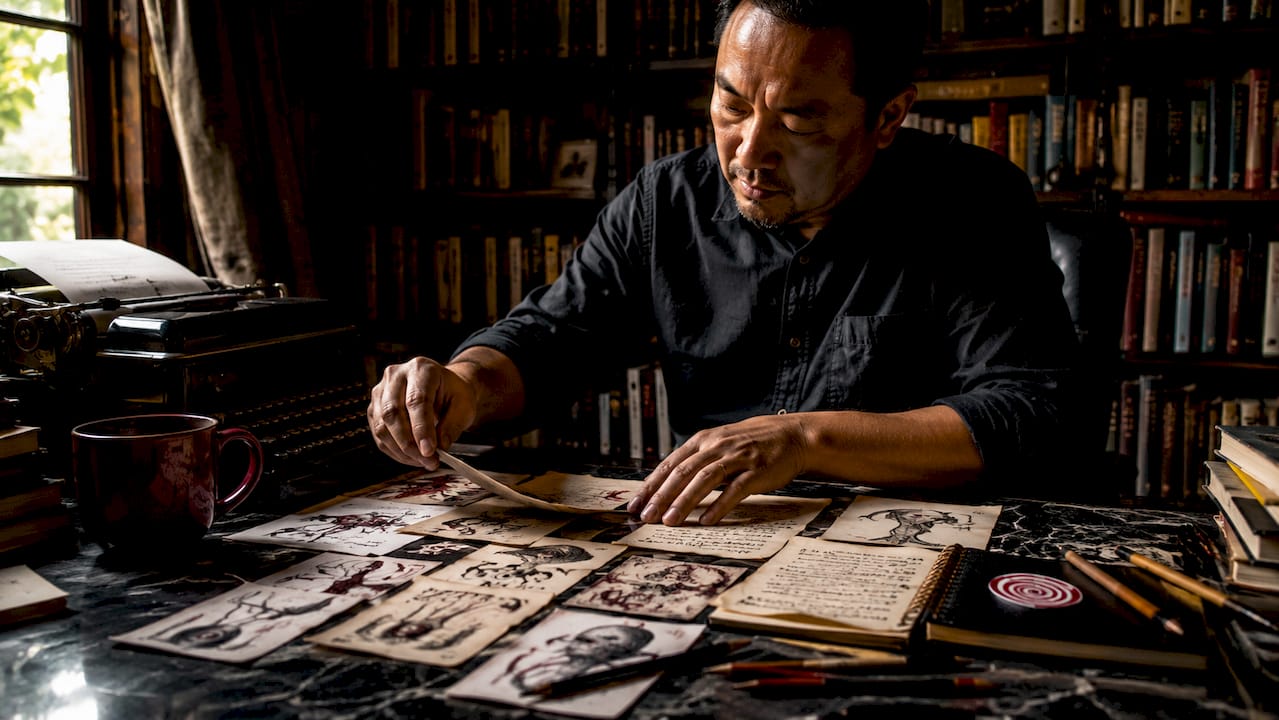 Writer arranging horror allegory concept cards