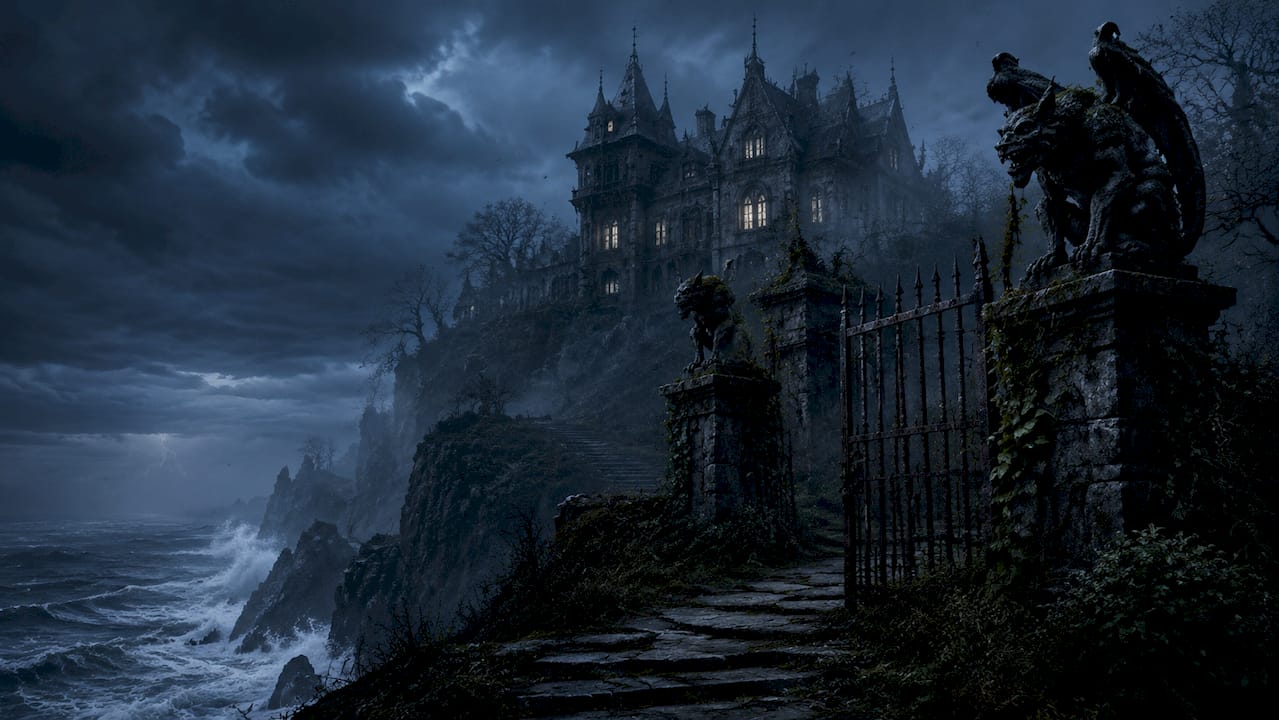 Crumbling gothic mansion at dusk with mist