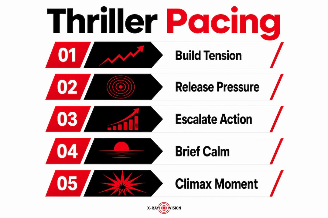 Infographic illustrating thriller pacing wave pattern