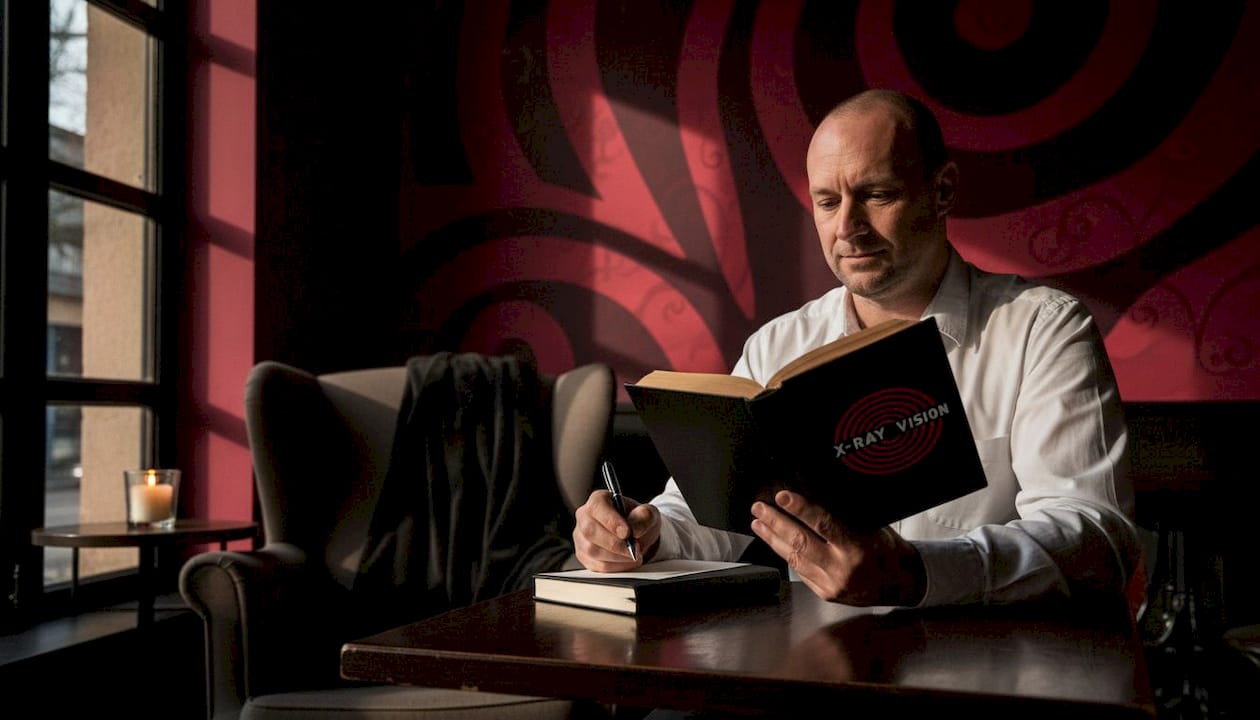 Man reading and noting protagonist traits