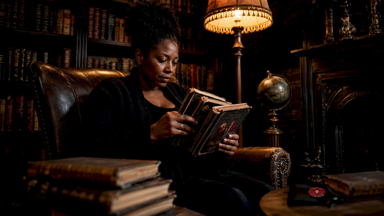 Woman reading vintage horror novels in home library