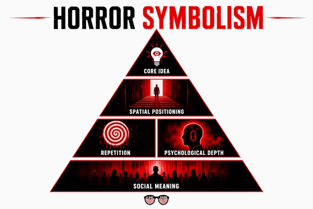 Infographic illustrating cinematic techniques building horror symbolism