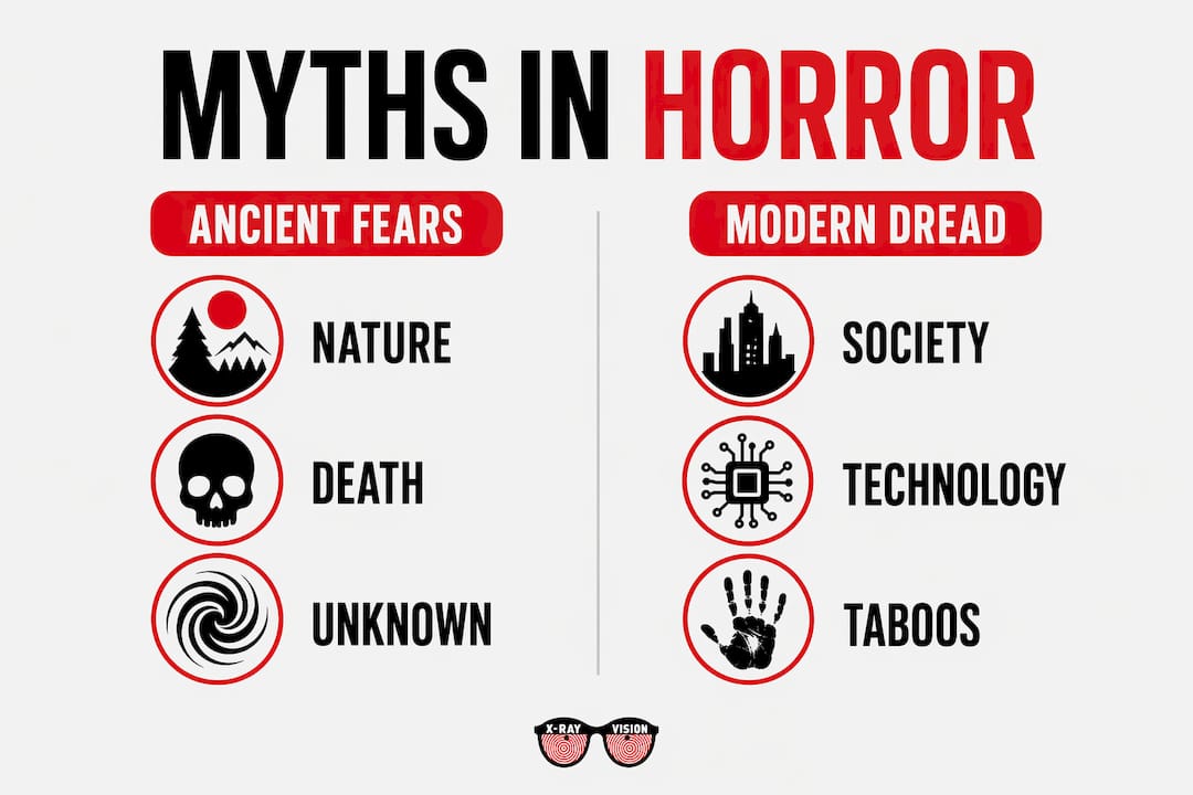 Infographic comparing ancient fears and modern dread in horror myths