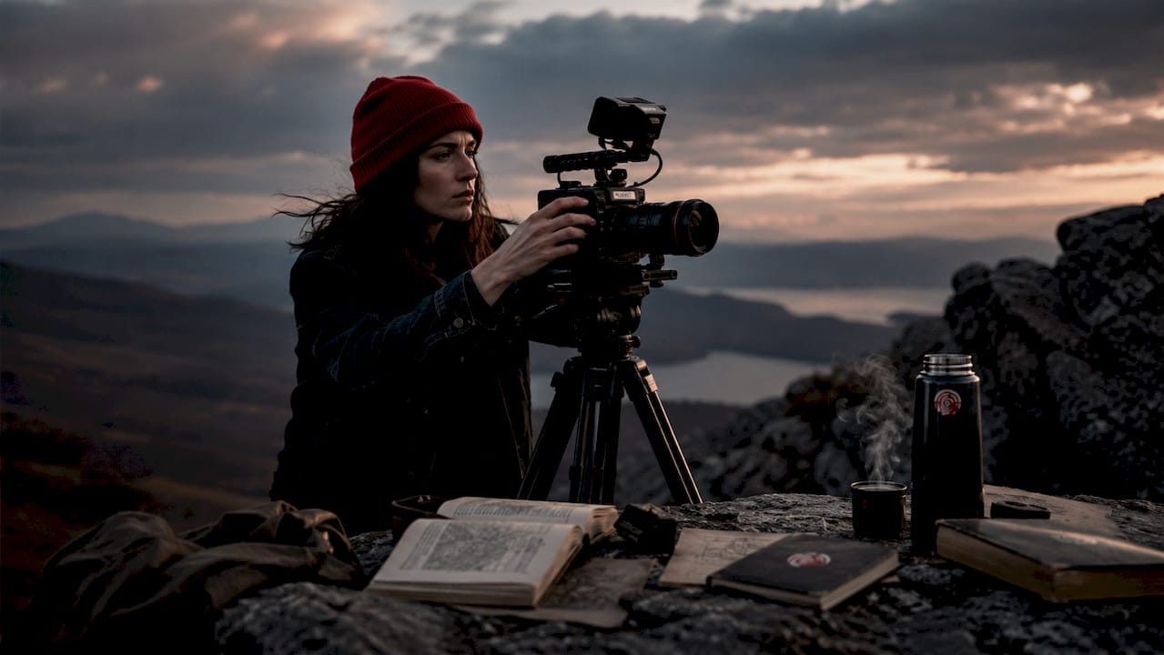 Filmmaker preparing horror shoot in forest
