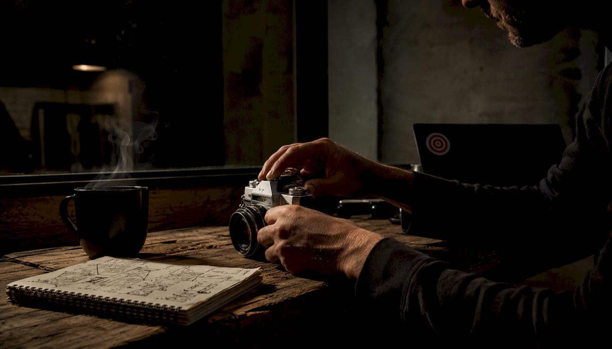 Hands adjusting camera in moody studio