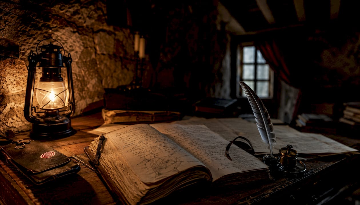 Vintage writer's desk with quill and manuscripts