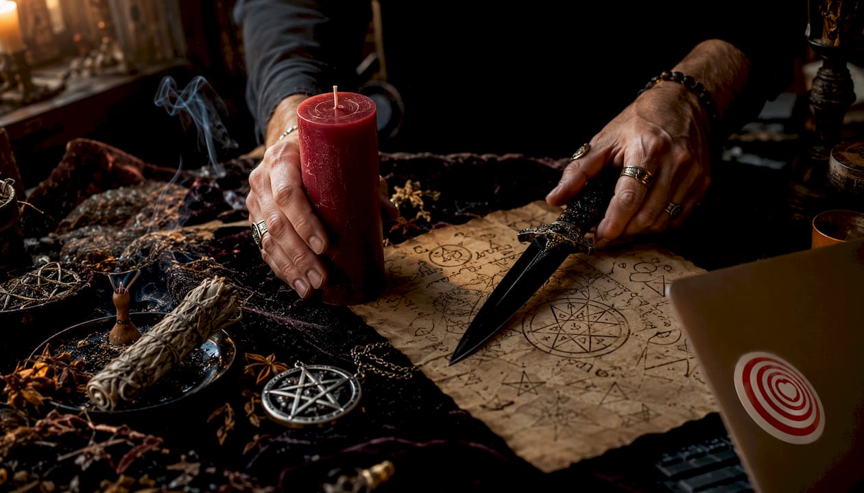 Hands arranging occult ritual items