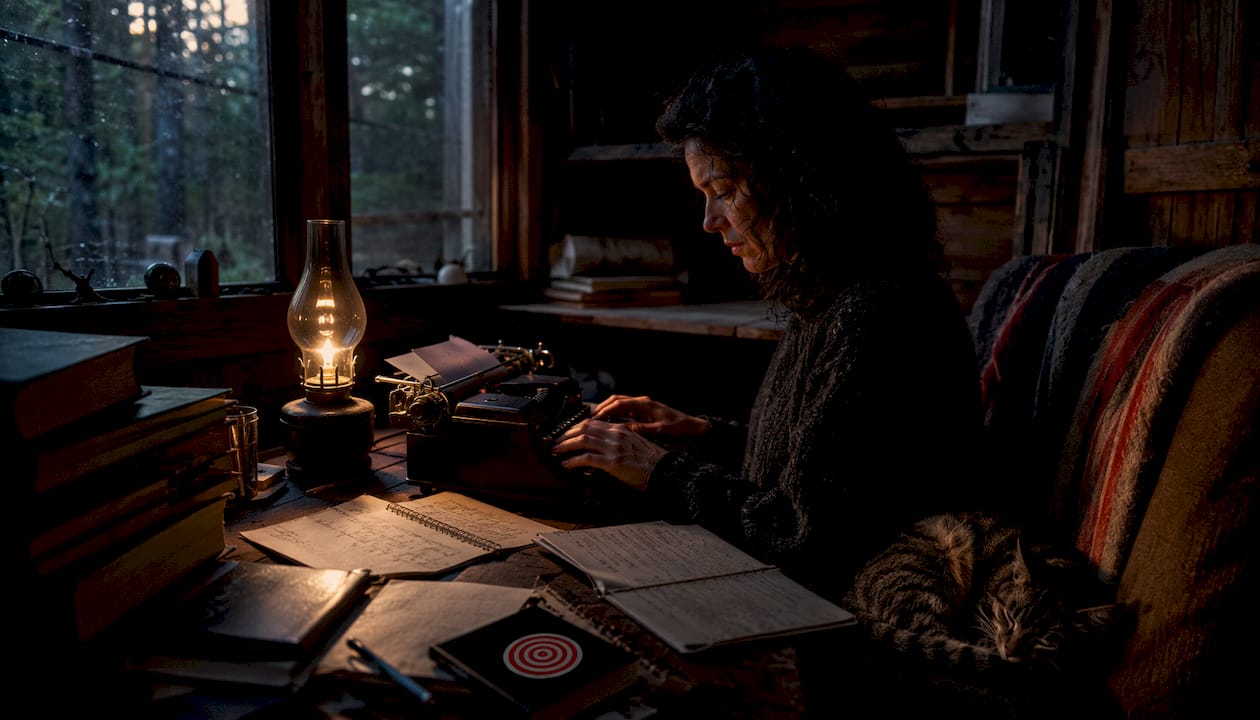 Author typing folk horror manuscript in attic