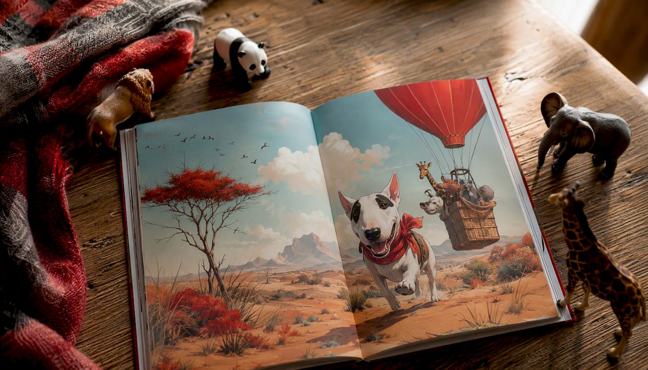 Colorful Bull Terrier illustration in children's book